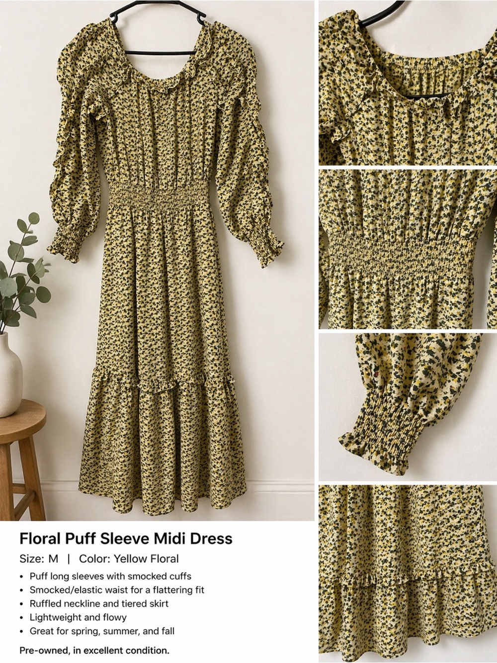 Max Studio Yellow Floral Smocked Midi Dress with Long Puff Sleeves
